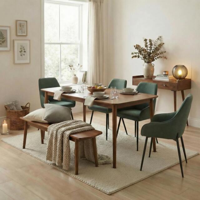 Lynton Large Walnut Effect Wood Dining Table + 4 Green Beaumont Chairs & Bench - image 1