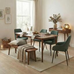 Lynton Large Walnut Effect Wood Dining Table + 4 Green Beaumont Chairs & Bench - thumbnail 1