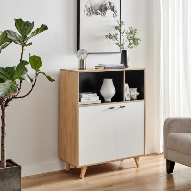 Furniturebox Bisset Off White and Wood Effect 2 Door Tall Storage Sideboard, Engineered Wood in Wood/White - Size: 88x109x39.6 cm - image 1