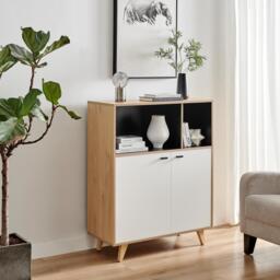 Furniturebox Bisset Off White and Wood Effect 2 Door Tall Storage Sideboard, Engineered Wood in Wood/White - Size: 88x109x39.6 cm - thumbnail 1