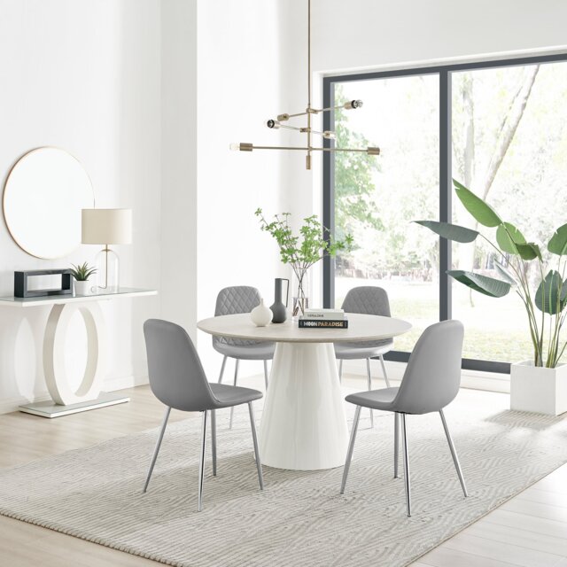 Palma Beige Stone Effect Round Dining Table & 4 Corona Silver Chairs - image 1