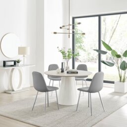 Palma Beige Stone Effect Round Dining Table & 4 Corona Silver Chairs - thumbnail 1