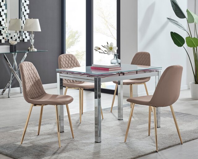 Enna White Glass Extending Dining Table and 4 Corona Gold Leg Chairs - image 1