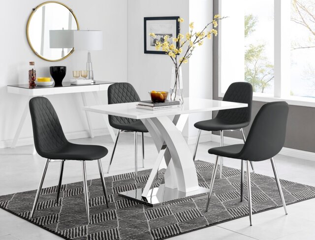 Atlanta White High Gloss And Chrome Metal Rectangle Dining Table And 4 Corona Silver Dining Chairs Set - image 1