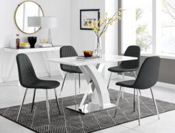 Atlanta White High Gloss And Chrome Metal Rectangle Dining Table And 4 Corona Silver Dining Chairs Set - thumbnail 1