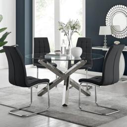 Vogue Large Round Chrome Metal Clear Glass Dining Table And 4 Murano Dining Chairs Set - thumbnail 1