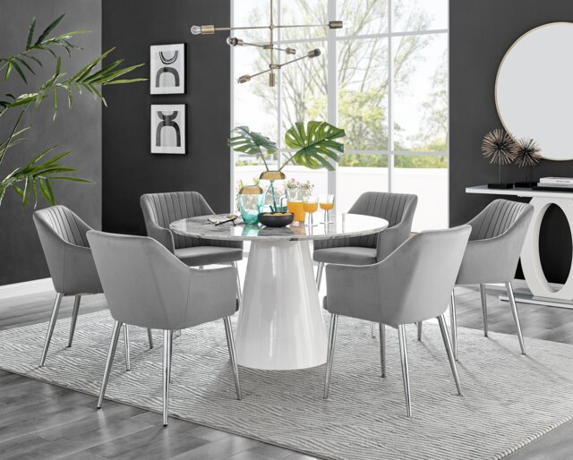 Palma White Marble Effect Round Dining Table & 6 Calla Silver Leg Chairs - image 1