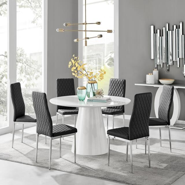 Palma White High Gloss Round Dining Table & 6 Milan Chrome Leg Chairs - image 1