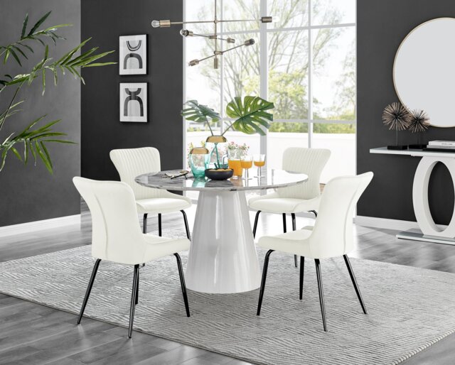 Palma White Marble Effect Round Dining Table & 4 Nora Black Leg Chairs - image 1