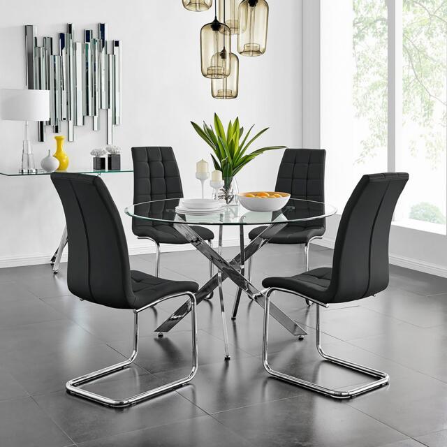 Novara Chrome Metal And Glass Large 120cm Round Dining Table And 4 Lorenzo Chairs Set - image 1
