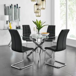 Novara Chrome Metal And Glass Large 120cm Round Dining Table And 4 Lorenzo Chairs Set - thumbnail 1