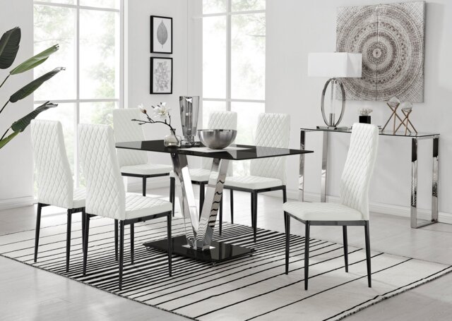 Florini V Black Dining Table and 6 Milan Black Leg Chairs - image 1