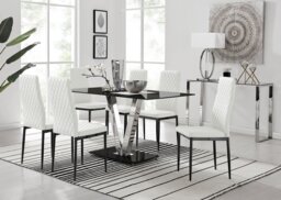 Florini V Black Dining Table and 6 Milan Black Leg Chairs