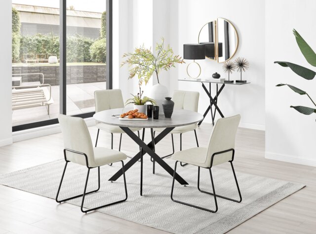 Novara Grey Concrete Effect Black Leg 120cm Round Dining Table & 4 Halle Chairs - image 1
