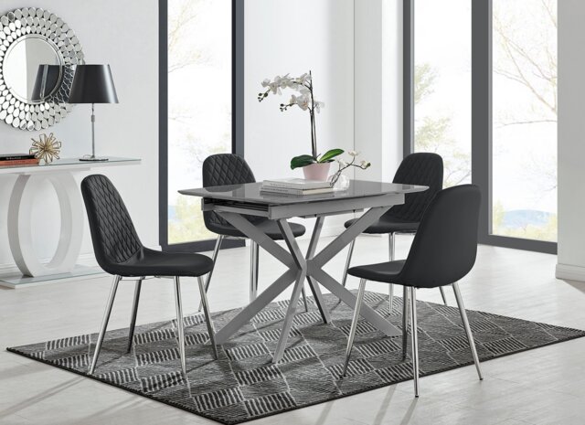 Lira 120cm Grey Metal Extending Dining Table & 4 Corona Silver Leg Chairs