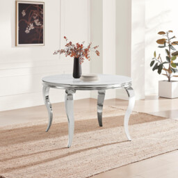 Skye Round White Marble Effect Dining Table & 4 Grey Velvet Belgravia Chairs - thumbnail 2