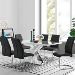 Atlanta Modern Rectangle Chrome Metal High Gloss White Dining Table And 6 Lorenzo Chairs Set - thumbnail 2