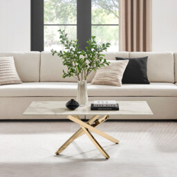 Leonardo Rectangular White Marble Glass and Gold Coffee Table - thumbnail 1