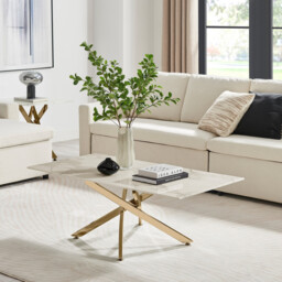 Leonardo Rectangular White Marble Glass and Gold Coffee Table - thumbnail 2