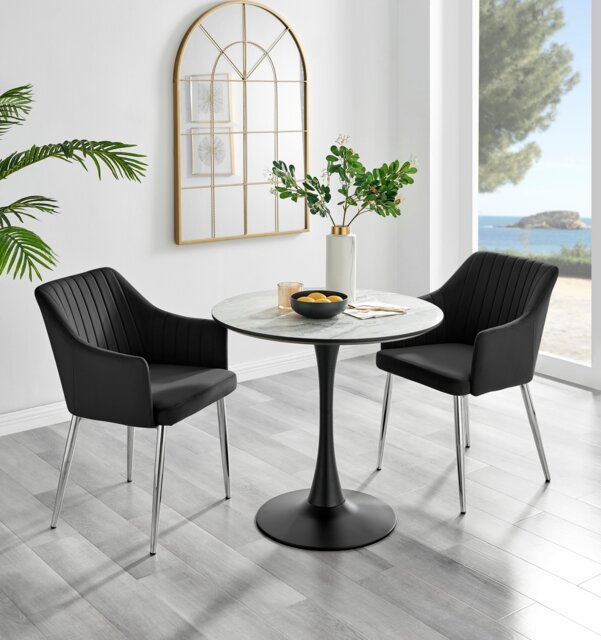 Elina White Marble Effect Round Dining Table & 2 Calla Silver Leg Chairs - image 1