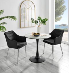Elina White Marble Effect Round Dining Table & 2 Calla Silver Leg Chairs