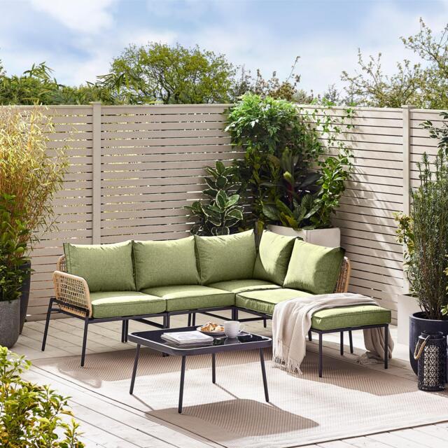 Furniturebox Maldives Beige & Green 5 Seat Garden Sofa Set, Rattan in Grey/Green/Natural - Size: 210x71x67 cm - image 1