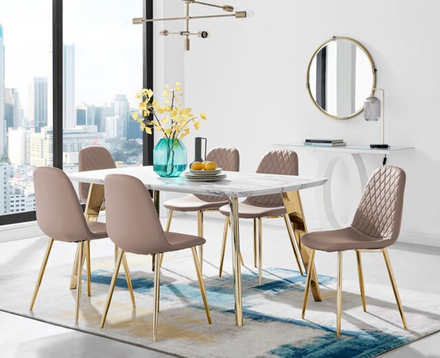Andria Gold Leg Marble Effect Dining Table and 6 Corona Gold Leg Chairs - image 1