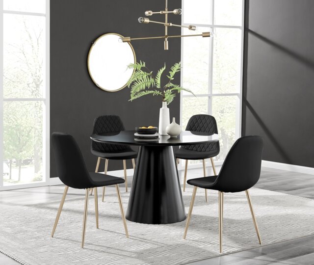 Palma Black Semi Gloss Round Dining Table & 4 Corona Gold Leg Chairs - image 1