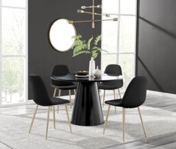 Palma Black Semi Gloss Round Dining Table & 4 Corona Gold Leg Chairs - thumbnail 1