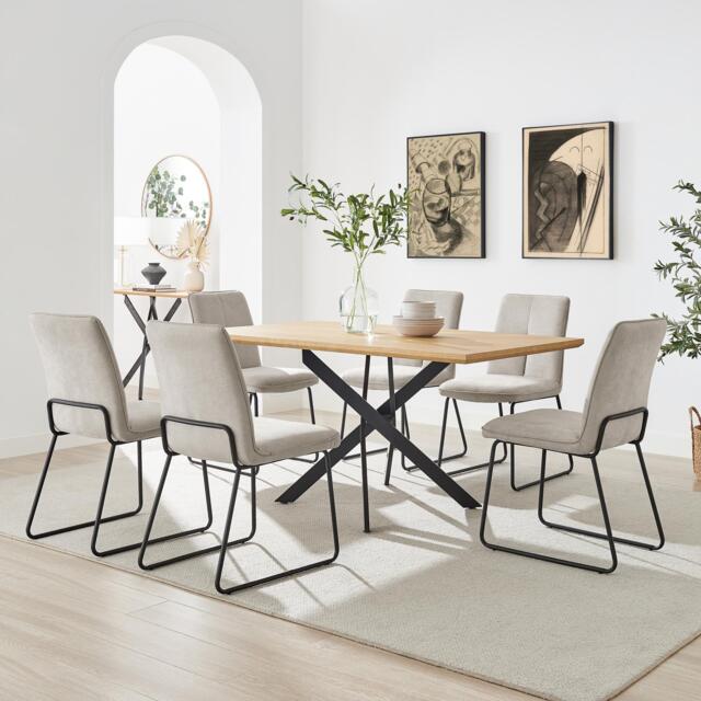 Leonardo Oak Effect Dining Table & 6 Halle Taupe Fabric Chairs - image 1