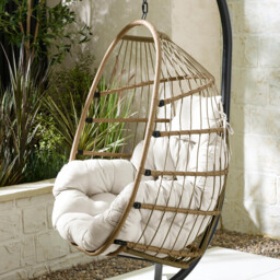Beige Rattan & Cream Garden Hanging Egg Chair Seat - thumbnail 3