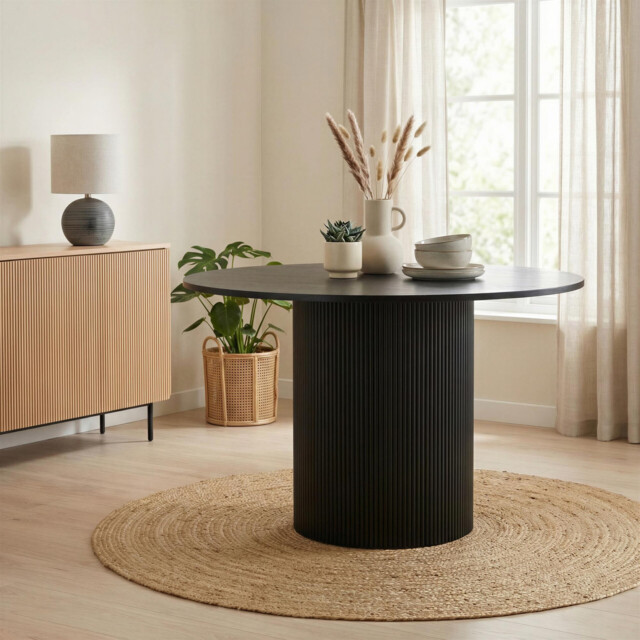 Penrose Round Black Wood Slatted 4-6 Seater Dining Table - image 1