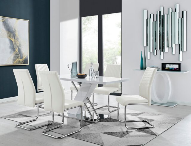 Sorrento White High Gloss And Chrome Dining Table And 6 Lorenzo Dining Chairs - image 1