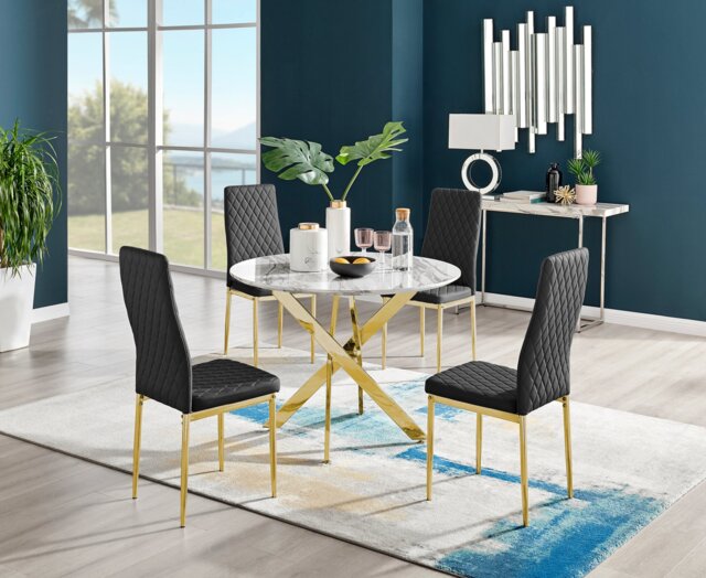 Novara White Marble Gold Leg Round Dining Table & 4 Milan Gold Leg Chairs - image 1