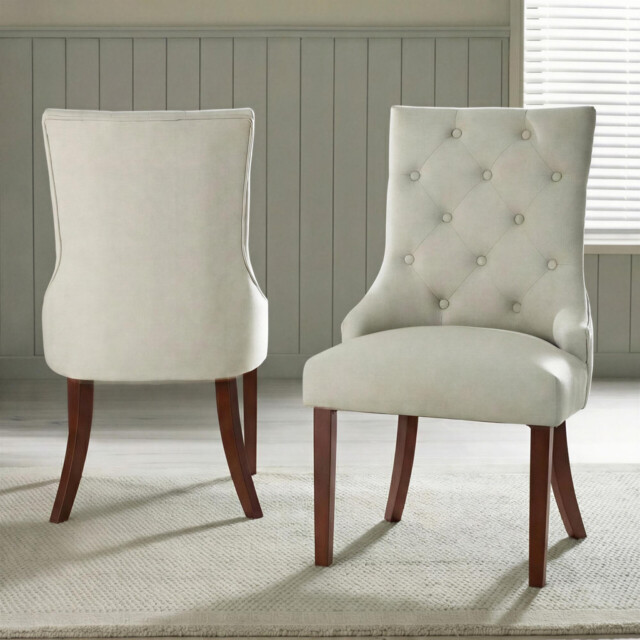 2x Belgravia Beige Fabric Dining Chairs Walnut Legs - image 1
