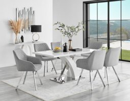 Atlanta 6 White Dining Table and 6 Falun Silver Leg Chairs