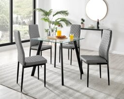 Seattle Glass and Black Leg Square Dining Table & 4 Milan Black Leg Chairs