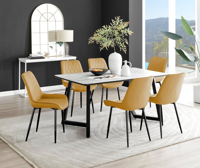 Carson White Marble Effect Dining Table & 6 Pesaro Black Leg Chairs - image 1
