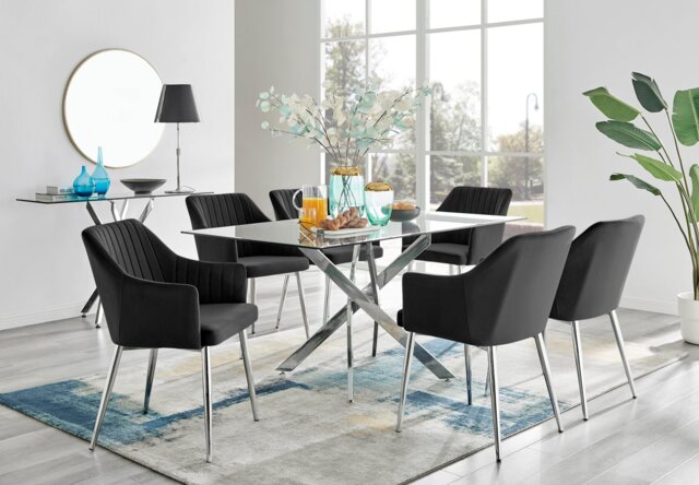 Leonardo Glass and Chrome Dining Table & 6 Calla Silver Leg Velvet Chairs - image 1