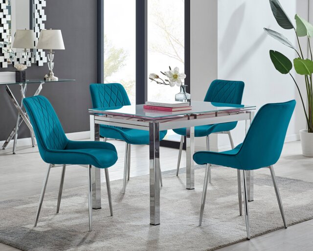 Enna White Glass Extending Dining Table and 4 Pesaro Silver Leg Chairs - image 1