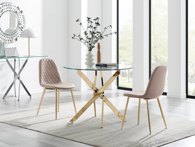 Novara 100cm Round Gold Leg Dining Table & 2 Corona Gold Chairs - image 1