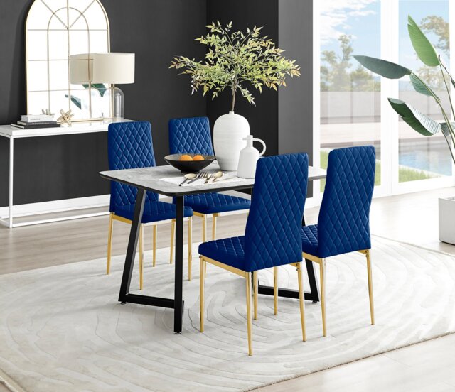 Carson White Marble Effect Dining Table & 4 Velvet Milan Gold Leg Chairs