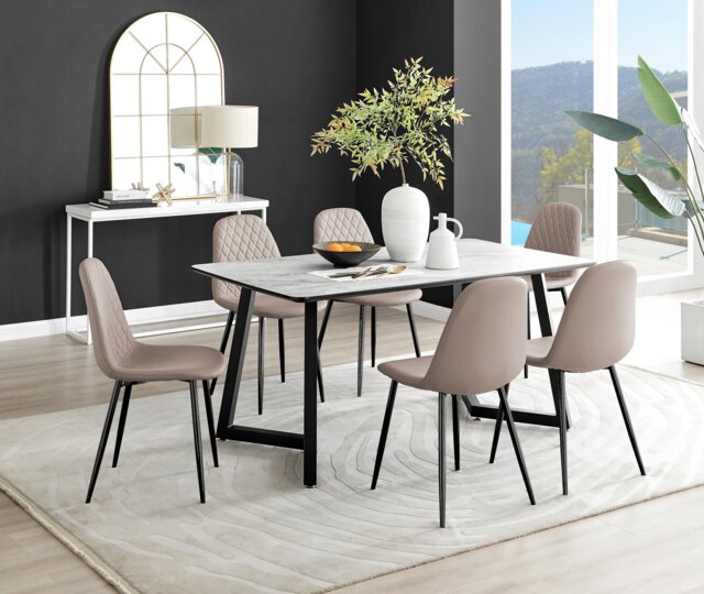 Carson White Marble Effect Dining Table & 6 Corona Black Leg Chairs - image 1