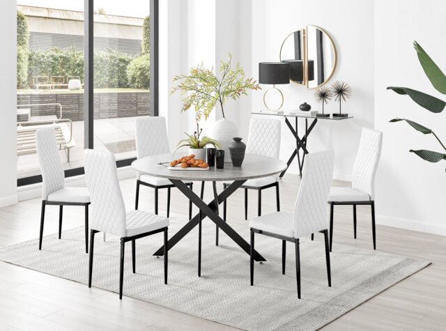 Novara Grey Concrete Effect Black Leg 120cm Round Dining Table & 6 Milan Black Leg Chairs - image 1