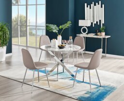 Novara White Marble Round Dining Table & 4 Corona Silver Leg Chairs - thumbnail 1