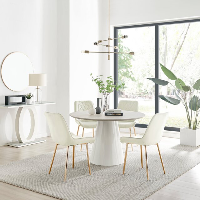Palma Beige Stone Effect Round Dining Table & 4 Pesaro Gold Leg Chairs - image 1