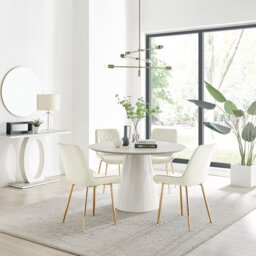 Palma Beige Stone Effect Round Dining Table & 4 Pesaro Gold Leg Chairs - thumbnail 1