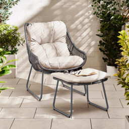 Tahiti Outdoor Rattan Chair and Footstool Grey by FurnitureBox