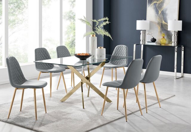 Leonardo 6 Gold Dining Table and 6 Corona Gold Leg Chairs - image 1