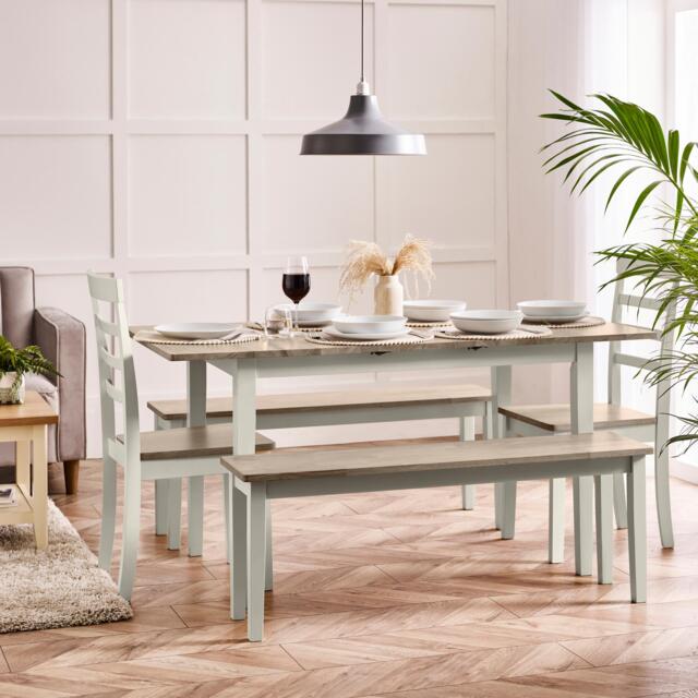 Salcombe Extending Light Grey Wooden Table with 2 Whitby Chairs & 2 Large Benches - image 1